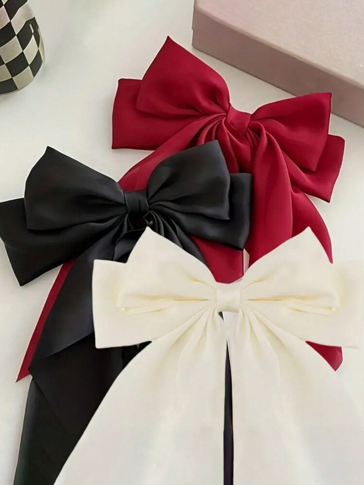 3 Pcs Hair Bows Clips For Women, Black Bow White Bow Pink Bows Bow Hair Clips For Women Ribbons Bow Barrettes Satin Hair Bows Long Tail Clips On Bows Party Hair Accessories Valentine's Day Valentines Claw Clips, School Stuff | SHEIN