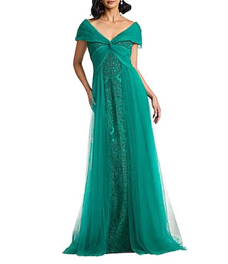 Tadashi Shoji Embroidered Lace And Tulle Portrait Collar Cap Sleeve A-Line Gown - 2 | Dillard's