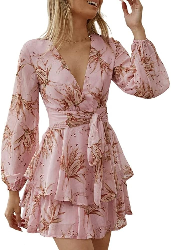 Dokotoo Womens 2024 Summer Spring V Neck Ruffle Chiffon Elegant Tie Knot Mini Short Swing Skater ... | Amazon (US)