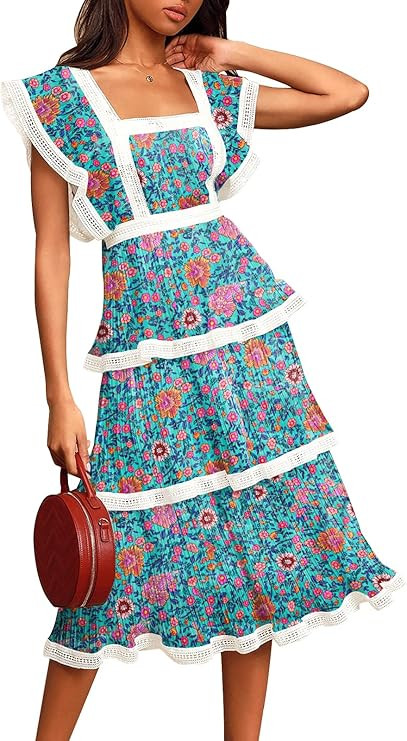 ETCYY Women's Summer Ruffle Dress Tiered Layed Chiffon Lace Short Sleeve Boho Floral Print Party ... | Amazon (US)