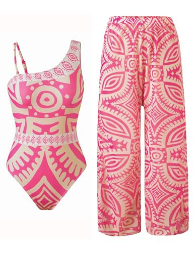 BAWHAHT Women’s One Piece Swimsuit with Cover Up Set, One Shoulder Two Piece Bathing Suits with Wrap Skirt Rosepink | Amazon (US)