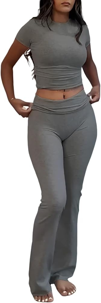Women's 2 Piece Lounge Outfits Slim Short Sleeve Tops Low Rise Flare Leggings Sets Yoga Sweatsuit | Amazon (US)