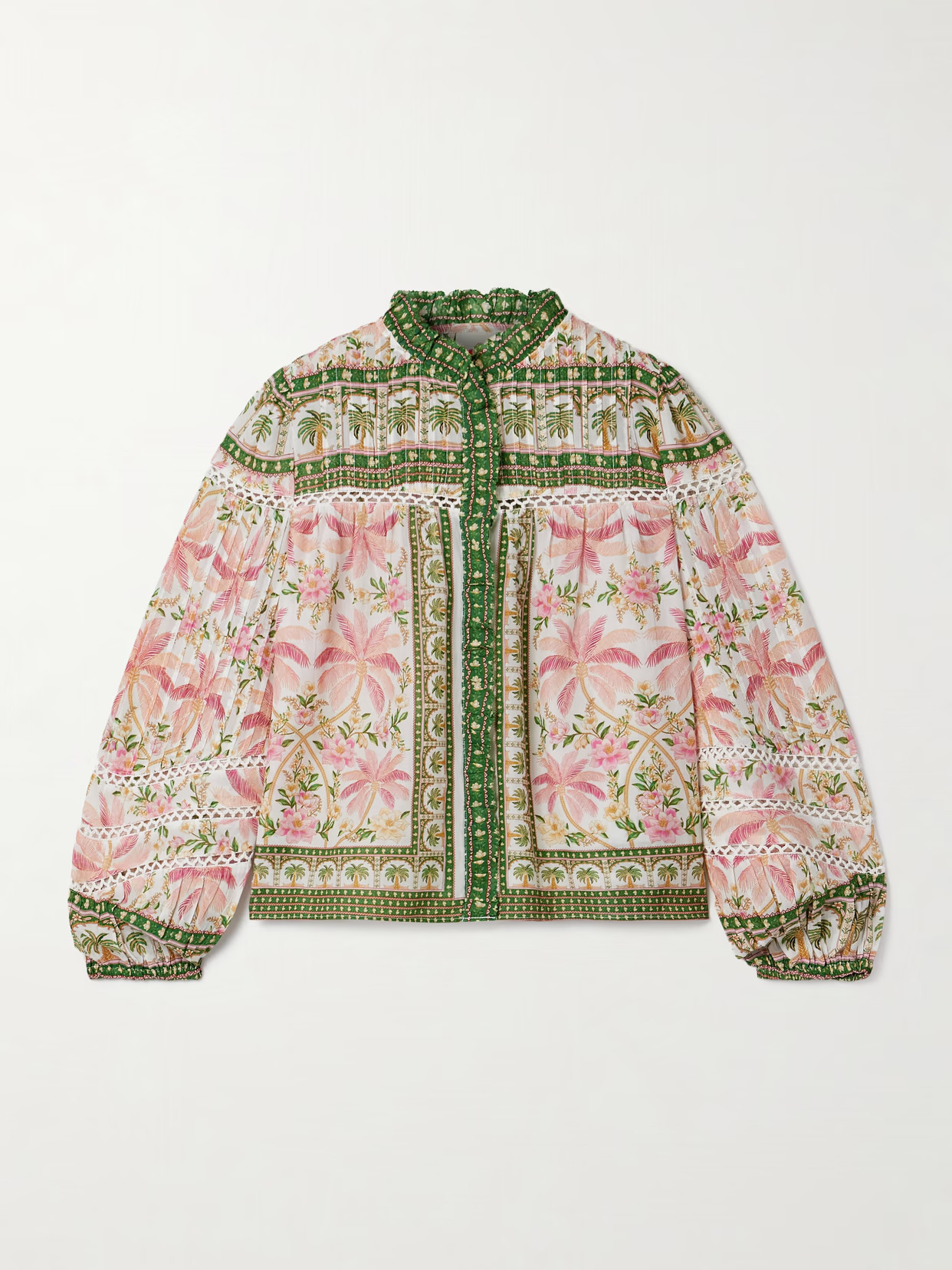 Farm Rio - Crochet-trimmed Pintucked Printed Cotton-voile Blouse - Pink | NET-A-PORTER (US)