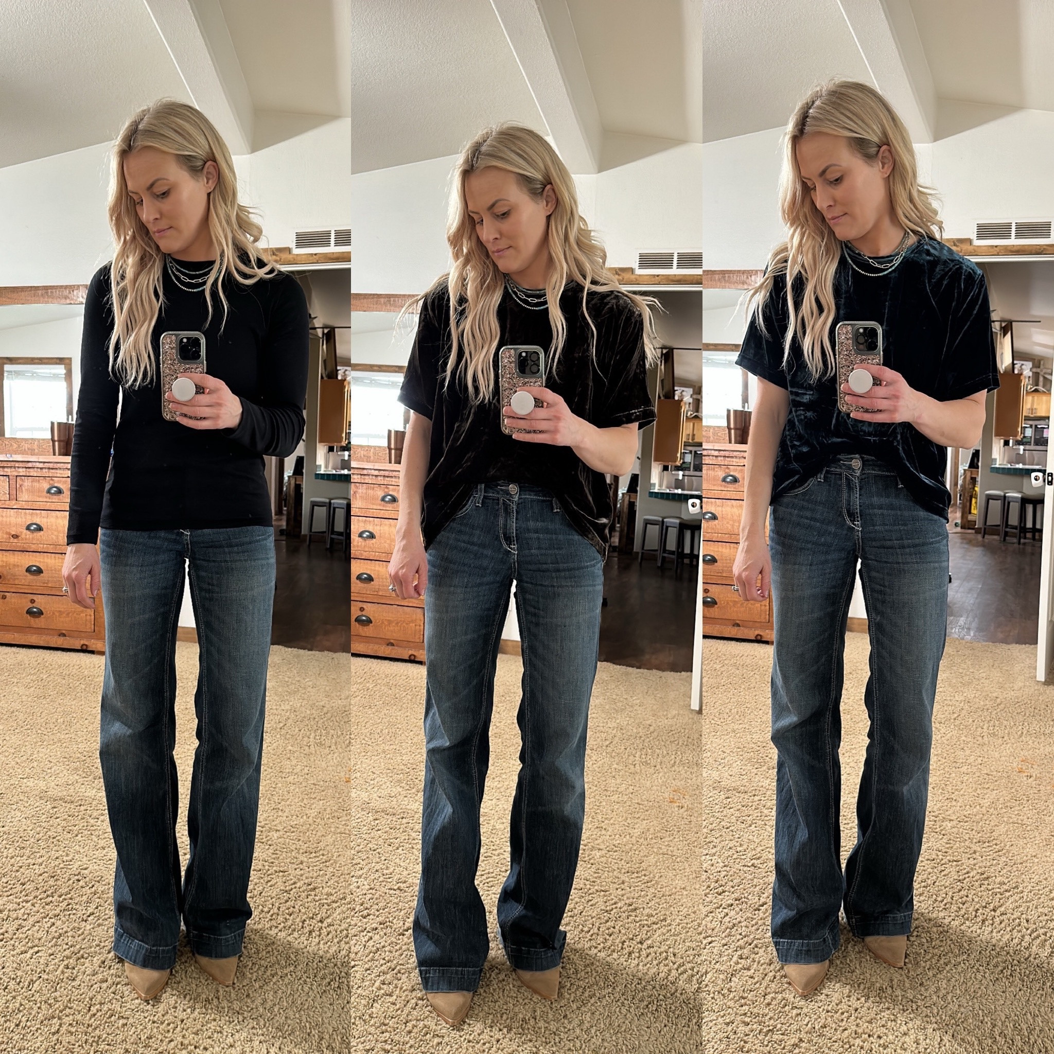 A few of my favorite basics! 

Long Sleeve: I love a good long sleeve basic shirt in the winter! This comes in 14 colors and is on sale for $8.40! I’m wearing a size medium, so I consider them to be true to size. One thing to note: The two metallic colors are a bit different fabric (I bought them online and returned them because I wasn’t a fan), but the 12 colors that are NOT metallic are a super soft, slinky ribbed material. 

Short Sleeve: I’m a sucker for an elevated basic and it’s velvet! This comes in 8 different colors and is under $25. This is meant to be a bit oversized. I’m wearing a small in the blue, and a medium in the brown. Both fit great, but I prefer the look of the small. If you want the oversized look, buy your true size. If you’re in between sizes or don’t want something as oversized, I’d say size down. 

Jeans: I went ahead and linked my two favorite pair of trousers from Ariat—the ones I’m wearing here, and my other favorite pair (because they’re ON SALE)! They’re a “perfect rise” which is in between an mid and high rise. In both pair, I wear a 28L and consider them to be very true to size. I’m 5’7”, a size 6 (occasionally I got down to a 4), and always opt for a 34” inseam). If you’re between sizes, you might consider sizing up? 