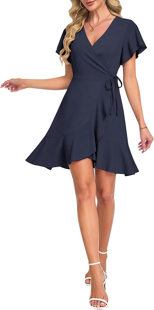 AUSELILY Summer Dresses Wrap Dress for Women Mini Short Flutter Sleeve Casual Sundress V Neck Ele... | Amazon (US)