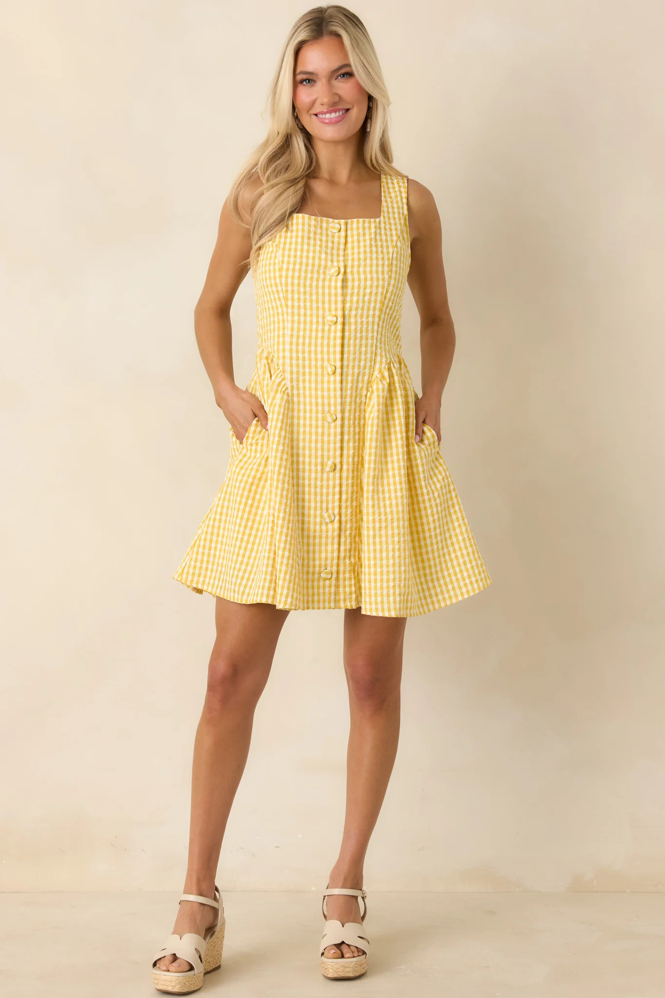 Caught in the Sunshine Yellow Gingham Sleeveless Mini Dress | Red Dress