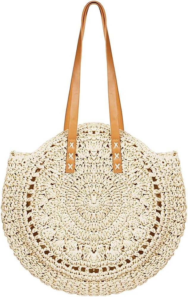 Round Straw Bag Large Woven Summer Beach Tote Handbags Handle Shoulder Bag for Women Vacation | Amazon (US)