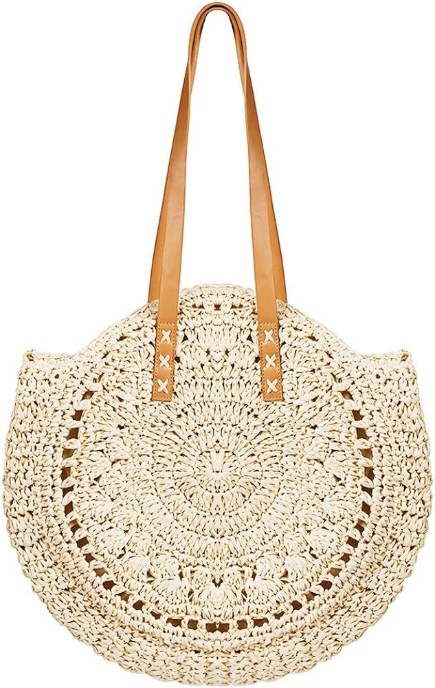 Round Straw Bag Large Woven Summer Beach Tote Handbags Handle Shoulder Bag for Women Vacation | Amazon (US)