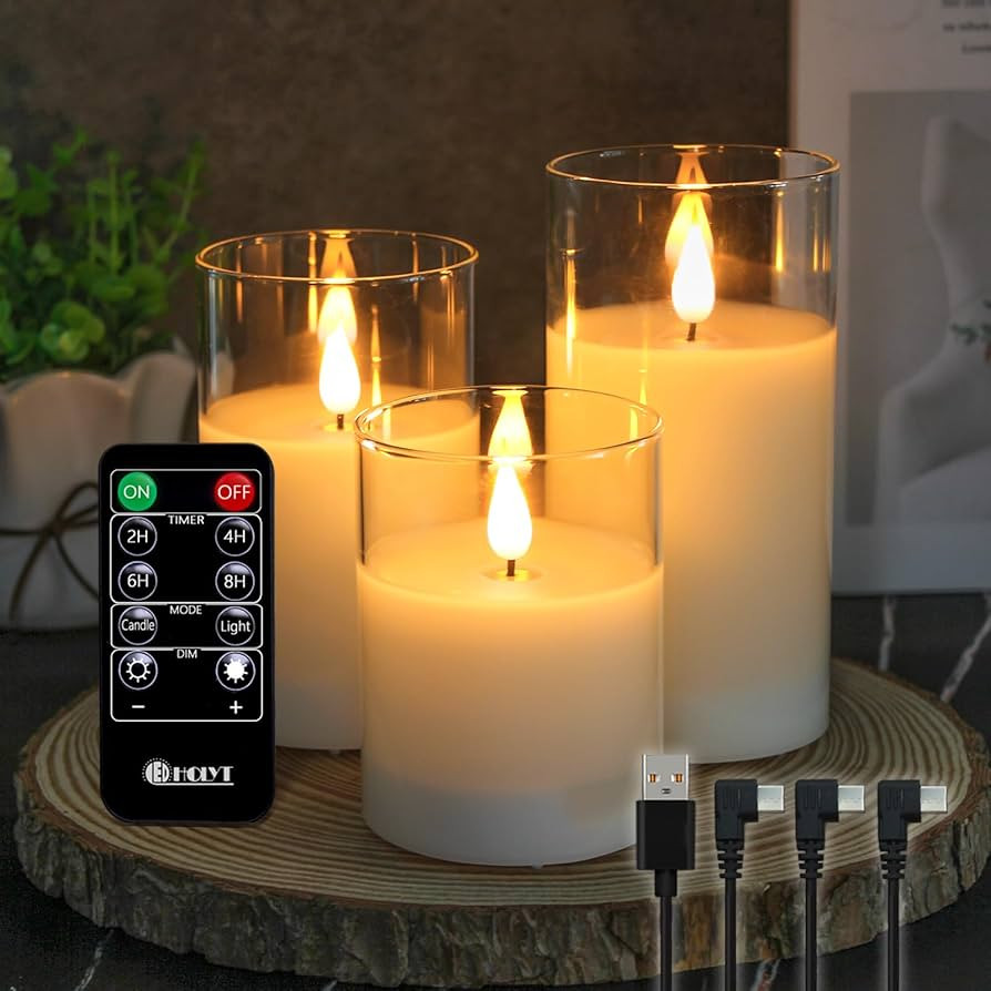 Rechargeable Flameless Glass Pillar Candles–Gifts for Women–Set of 3, Realistic Flickering LE... | Amazon (US)