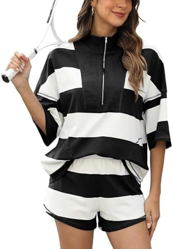 Women's Striped 2 Piece Outfits Oversized Lounge Set Summer Workout Sets Top and Shorts with Pock... | Amazon (US)
