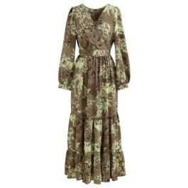 Floral Land Wrap Ruffle Maxi Dress in Tan | Chicwish