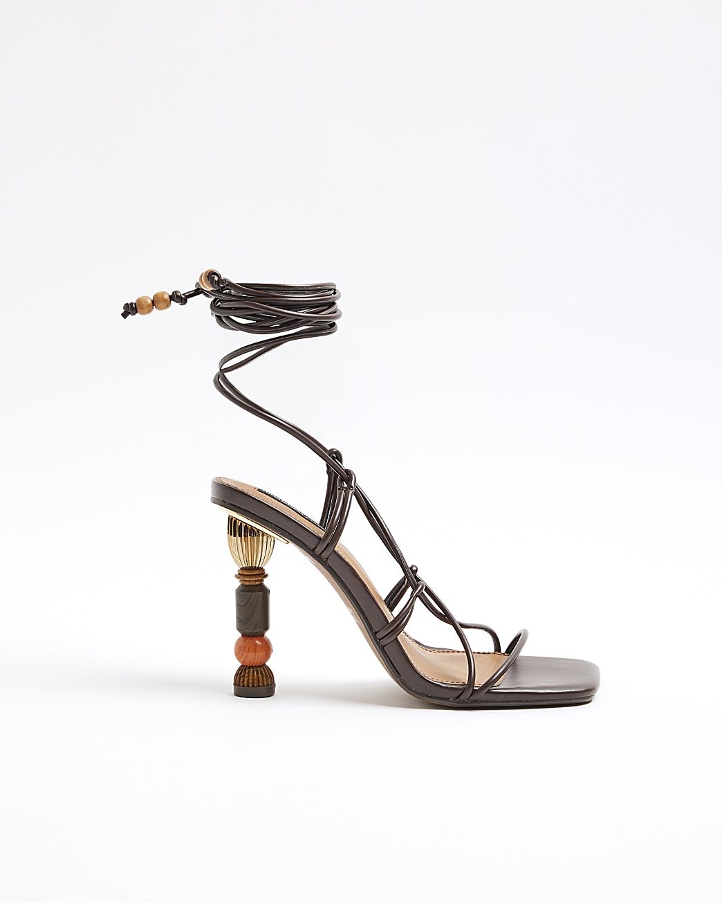 Brown beaded heel lace up sandals | River Island (UK & IE)