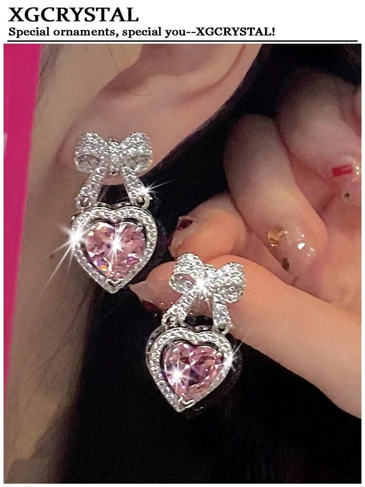 1 Pair Pink Heart Shape Cute Bow Earrings, Elegant For Women, Bridal Wedding Accessories, Girls Graduation Prom Party Jewelry | SHEIN