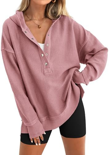 PRETTYGARDEN Womens Fashion 2025 Oversized Long Sleeve Hoodie Button Down V Neck Sweatshirt Side ... | Amazon (US)