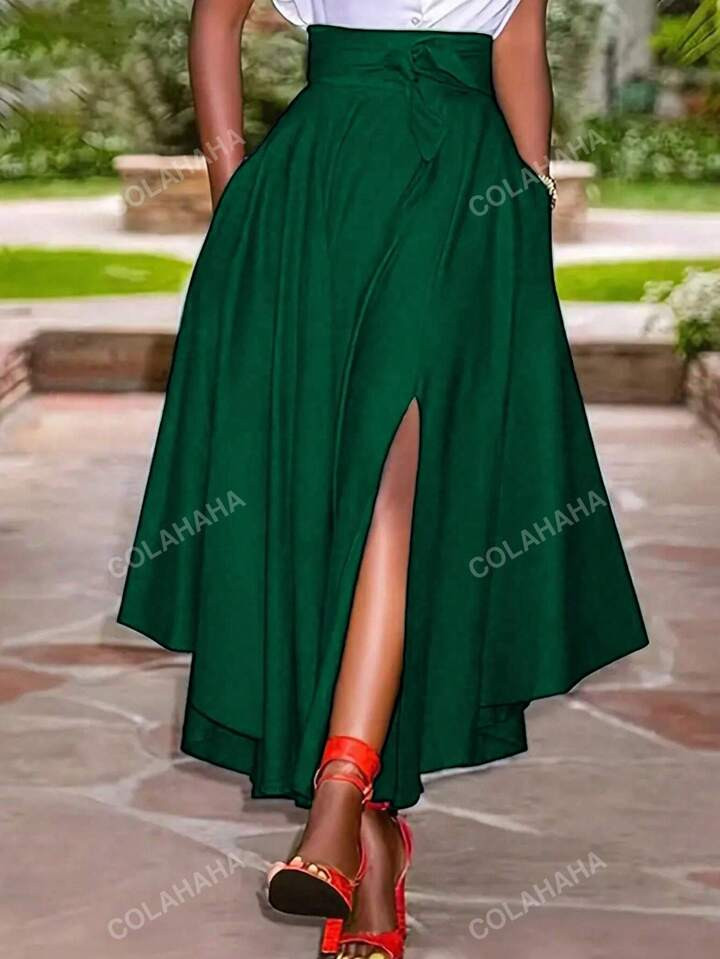 Women's Knotted Waist Solid Color Skirt With Slit Hem, Spring/Summer | SHEIN