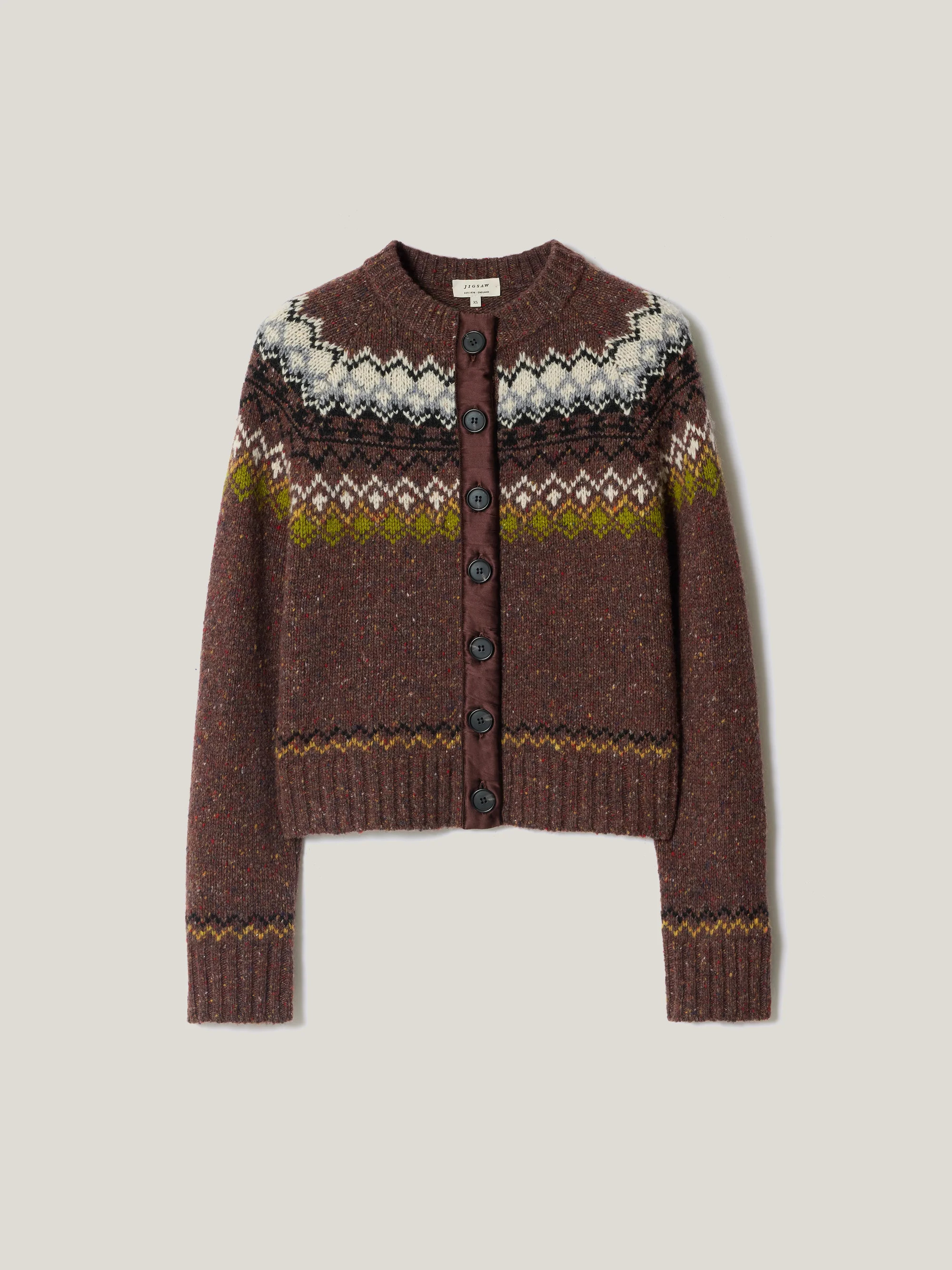 Fairisle Silk Trim Cardigan | Brown | Jigsaw (UK)