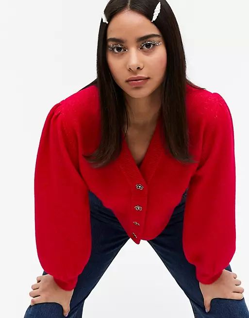 Monki Cardi recycled full sleeve cardigan in red | ASOS (Global)