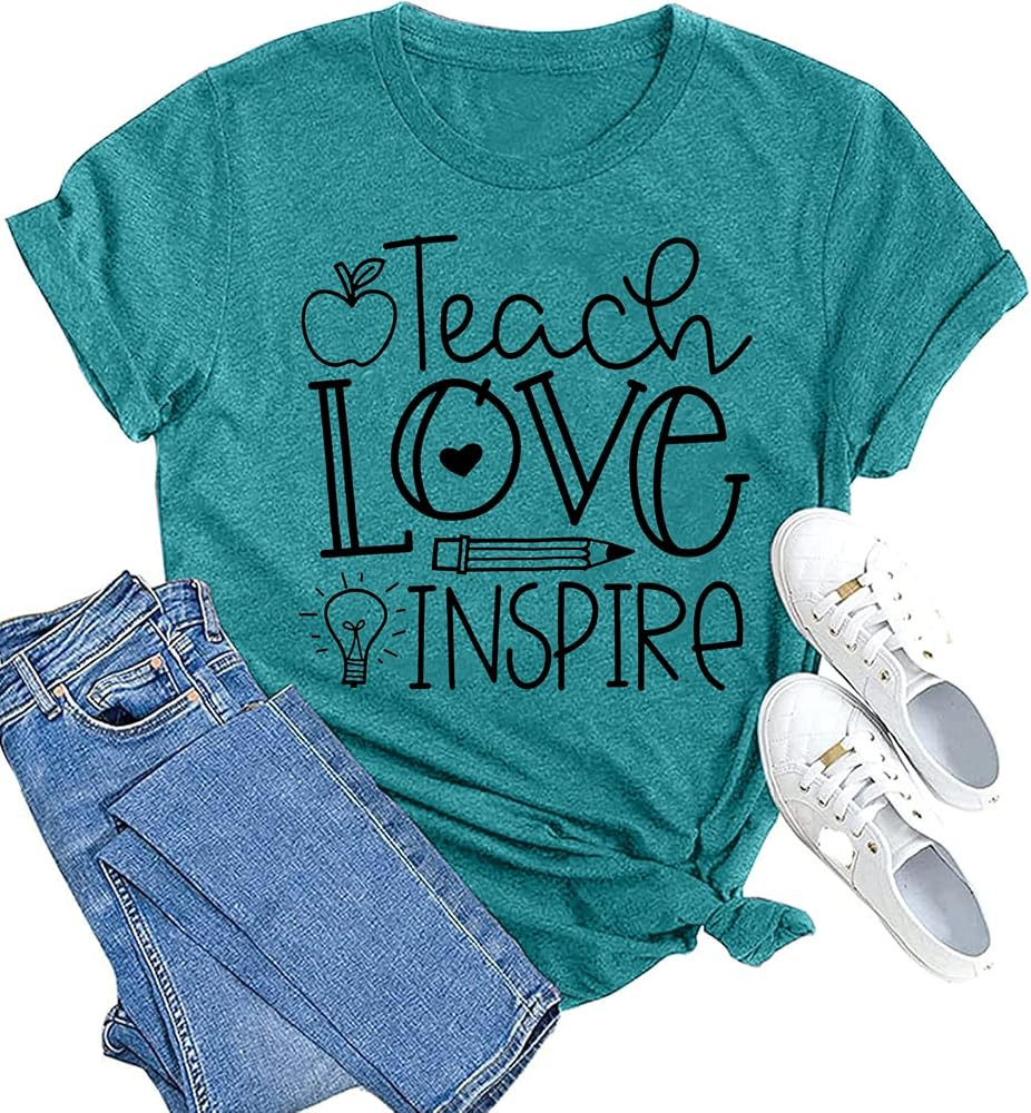 MAIHUN Womens Teacher Life Shirt Teacher's Day Gift Tshirts Teach Love Inspire Letter Print Short... | Amazon (US)