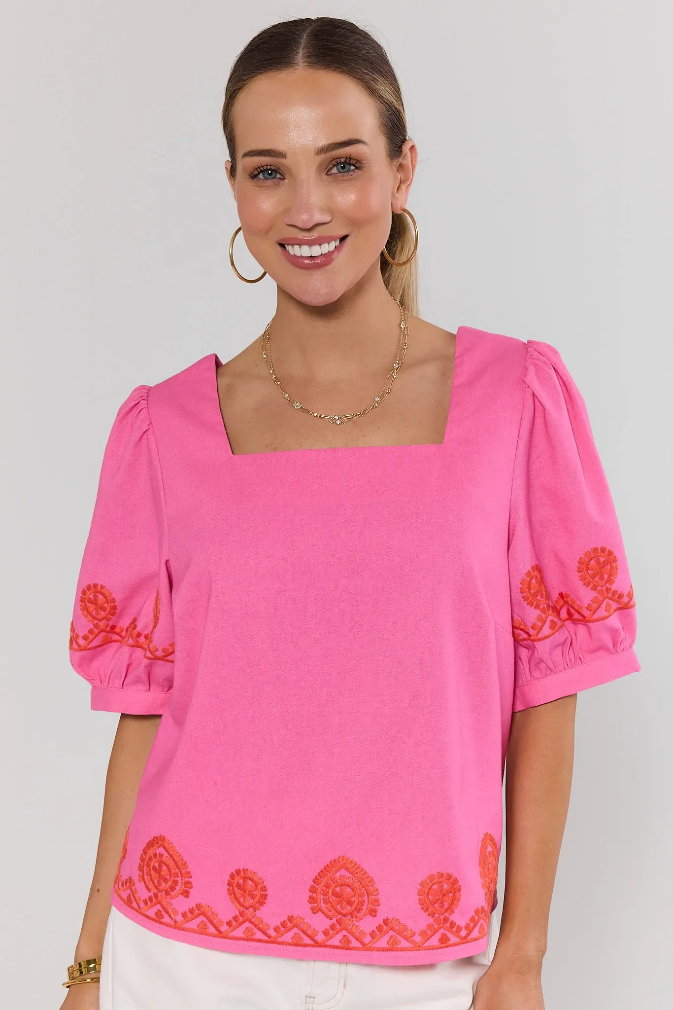 Pink Embroidered Trim Top | Avara