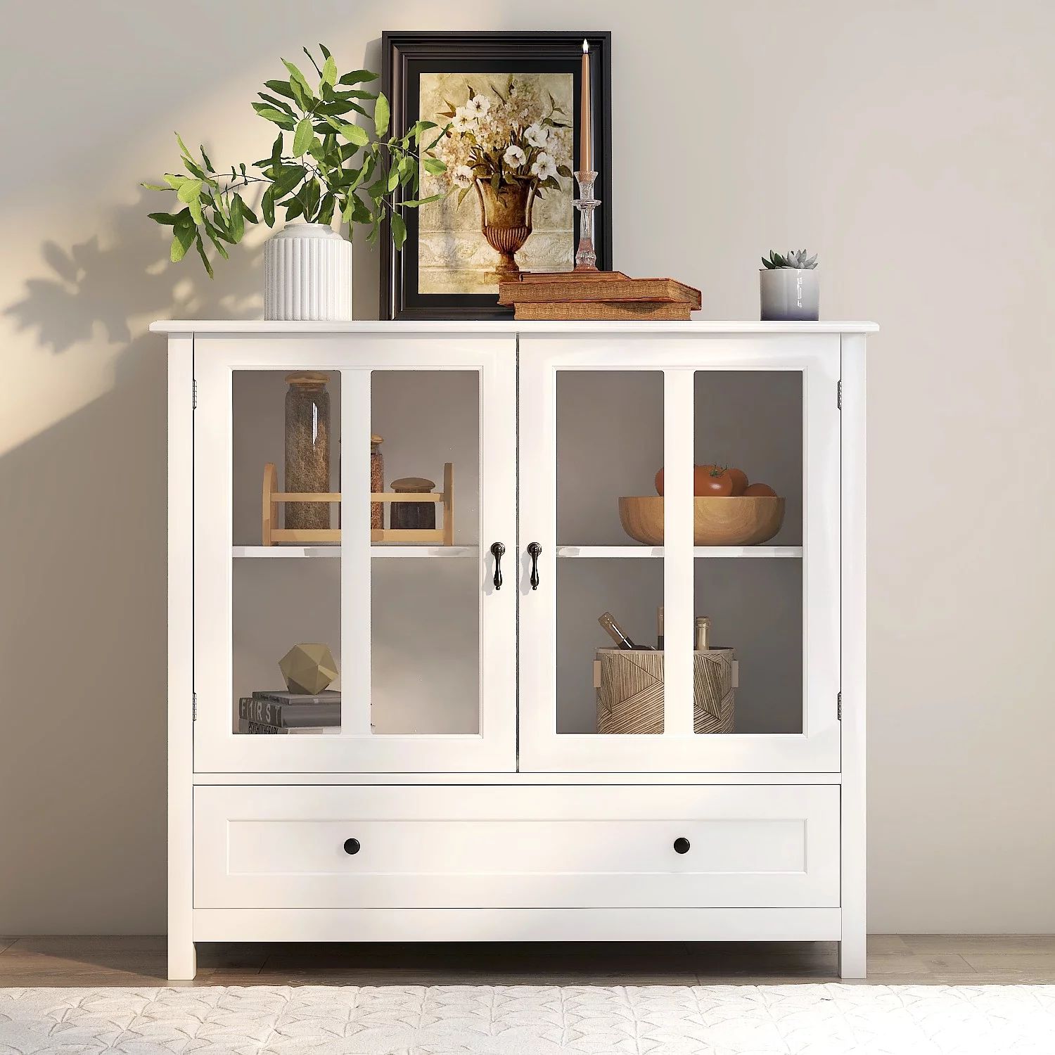 Modern Storage Cabinet, Decorative Console Table with Metal Handles, Double Glass Doors, Compartm... | Walmart (US)