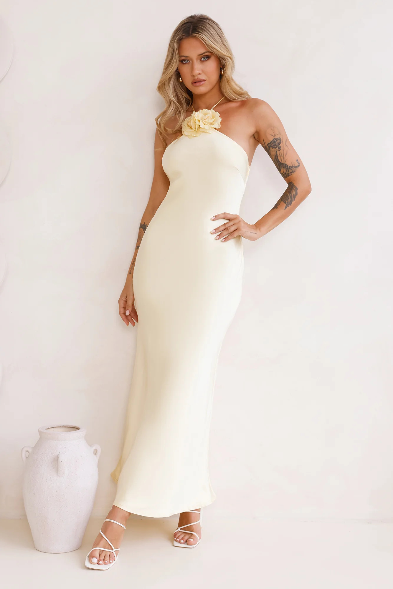 Admired By All Satin Halter Maxi Dress Yellow | Hello Molly (US)