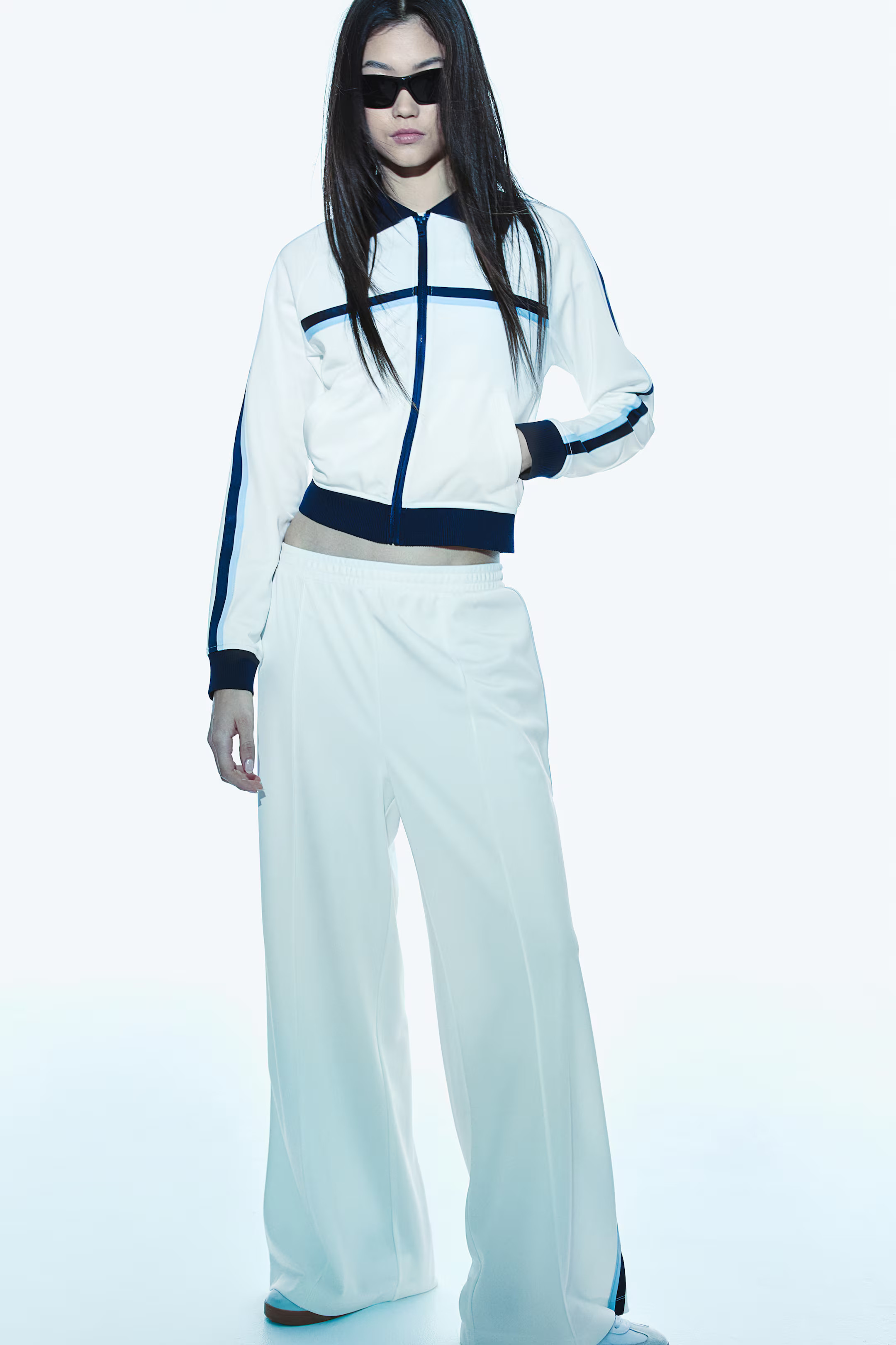 Track Pants with Side Stripe - White/navy blue - Ladies | H&M US | H&M (US + CA)