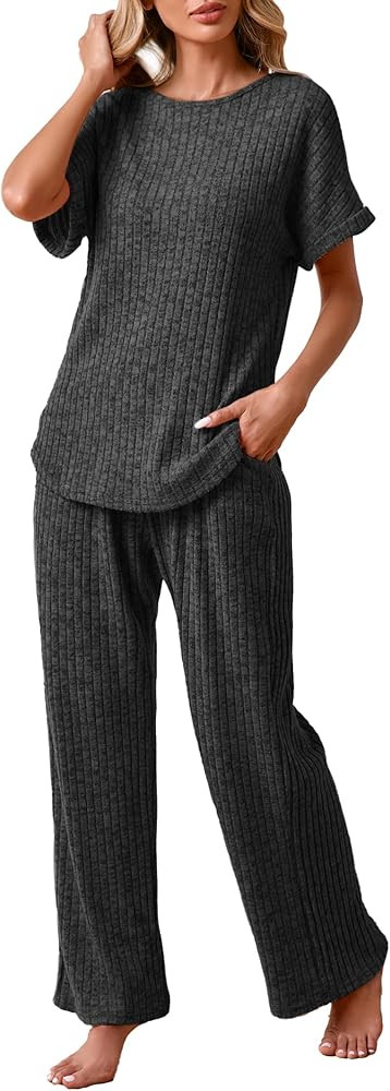 Famulily Womens 2 Piece Ribbed Knit Set Short Sleeve Top and Wide Leg Pants with Pockets Matching... | Amazon (US)