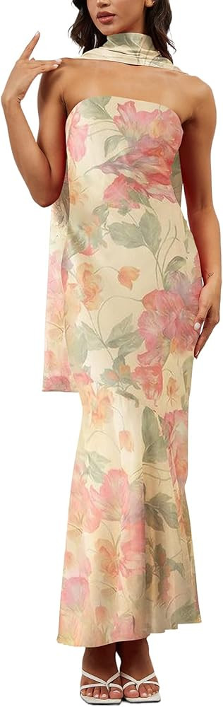 Women Floral Tube Maxi Dress with Scarf Y2K Strapless Bodycon Summer Party Long Dress Vacation Ha... | Amazon (US)