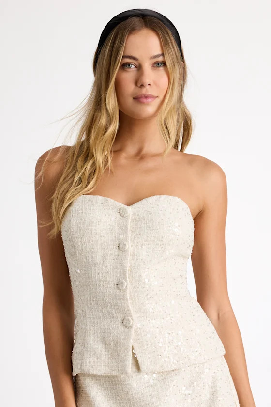 Brionee Ivory Tweed Sequin Button-Front Strapless Top | Lulus