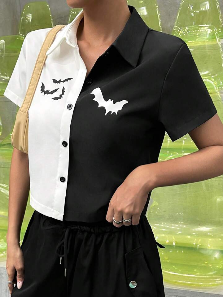 SHEIN Unity Halloween Two Tone Bat Print Button Front Shirt | SHEIN