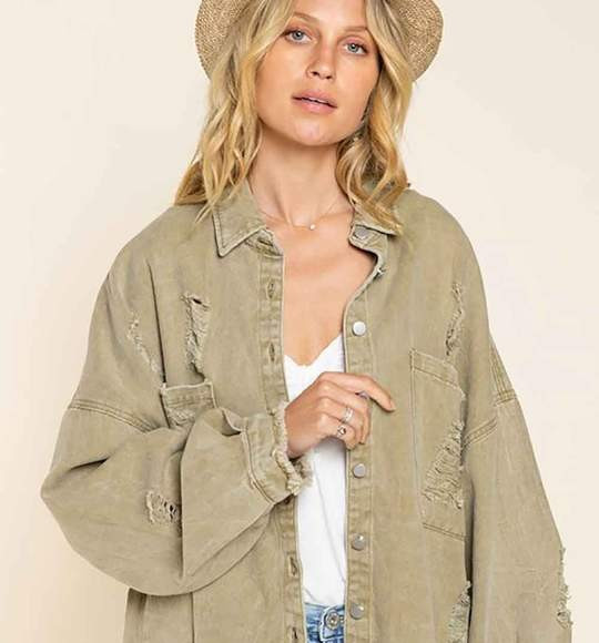 POL Distressed Denim Shacket for Women in Mocha Herb
            
              
                ... | Glik's