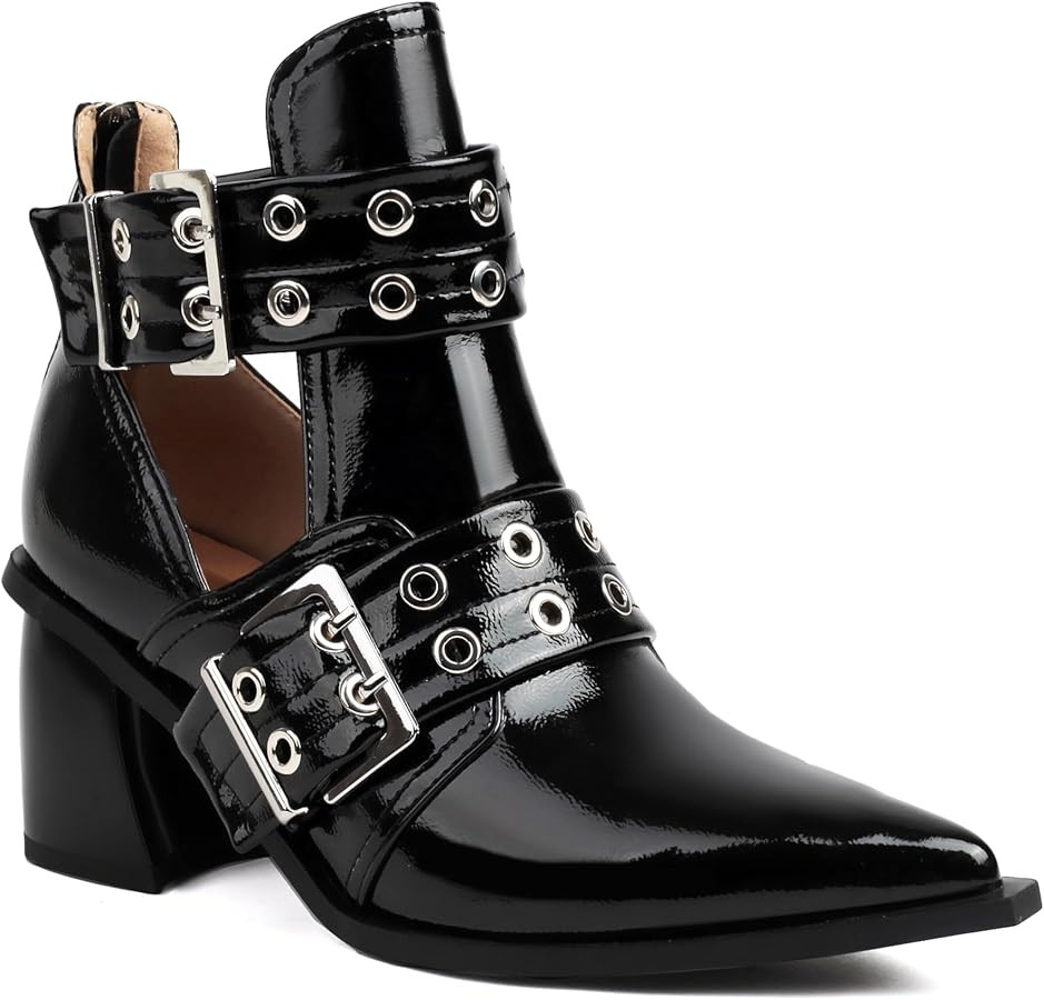 Women's Cutout Double Buckle Strap Booties Pointed Toe Chunky Block Heel Sandals with Back Zipper... | Amazon (US)
