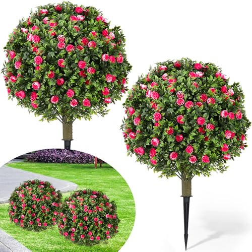 Lunmon 2 Pack 24" Artificial Topiary Ball Trees with Flowers, Outdoor Fake Topiary with Ground Spike, UV Resistant Faux Bushes Plants for Indoor Outdoor Front Door Decor (Pink & White,Rose) | Amazon (US)