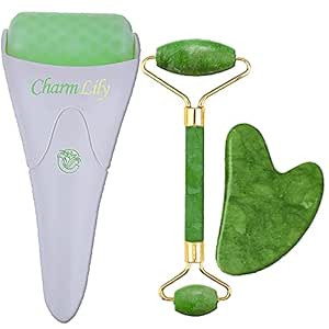 Jade & Ice Roller + Gua Sha Massager Tool Set for Face & Eyes by Charmlily, Puffiness, Reduce Wri... | Amazon (US)