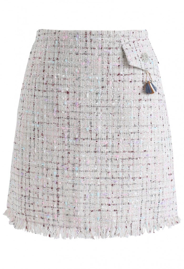 Always Mine Tweed Flap Skirt in Ivory | Chicwish