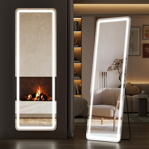 Sweetcrispy Full Length Mirror with LED Lights, 65"x21" Lighted Floor Mirror with Dimming & 3 Color Lighting, Stand for Bedroom, Dressing Room | Amazon (US)