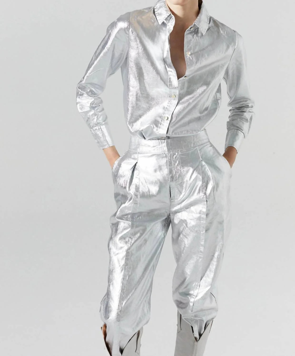 San Marino Metallic Linen Shirt In Silver | Shop Simon