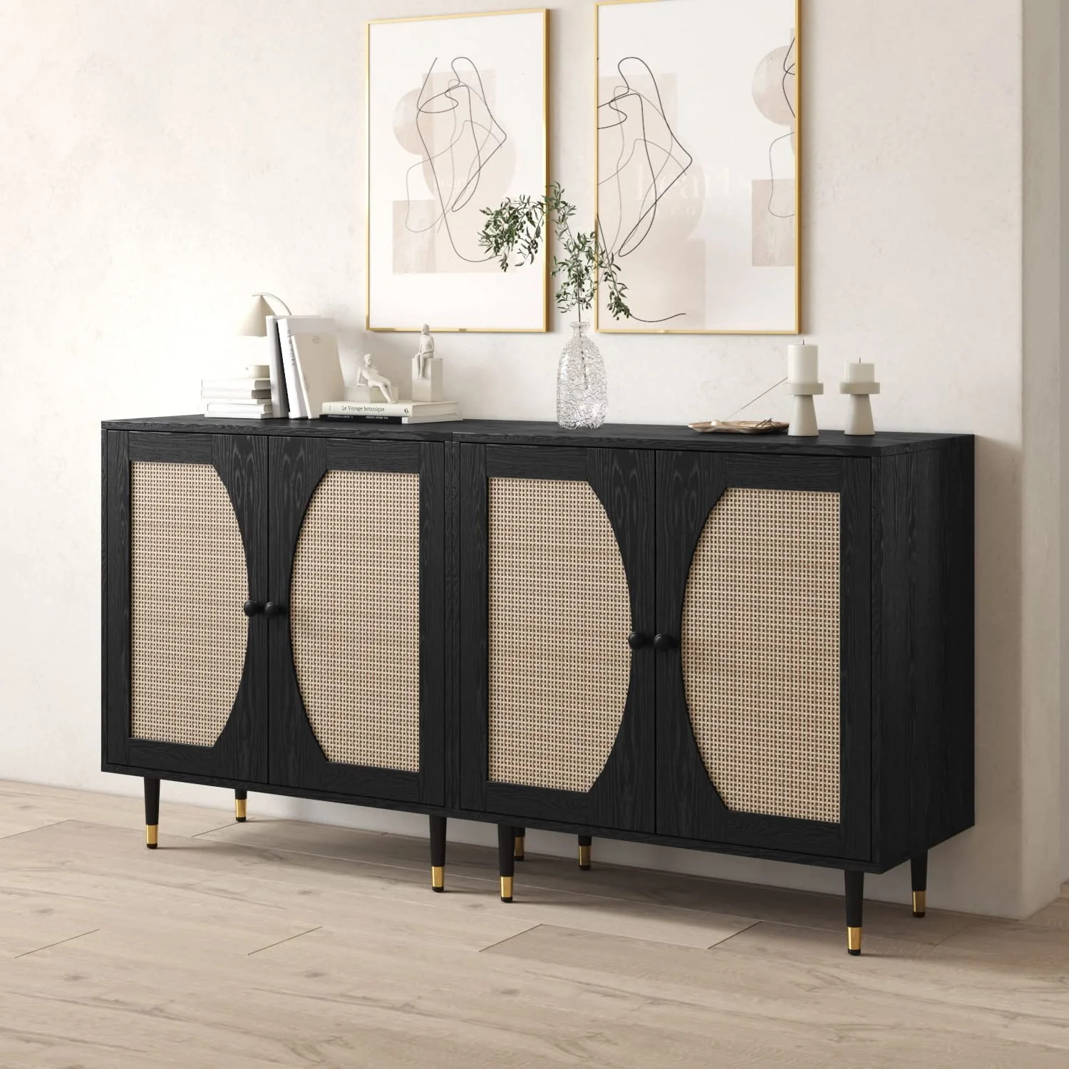 Black Buffet Cabinet, Sideboard Storage Cabinet with 2 Rattan Doors, Accent Storage Cabinet with ... | Walmart (US)