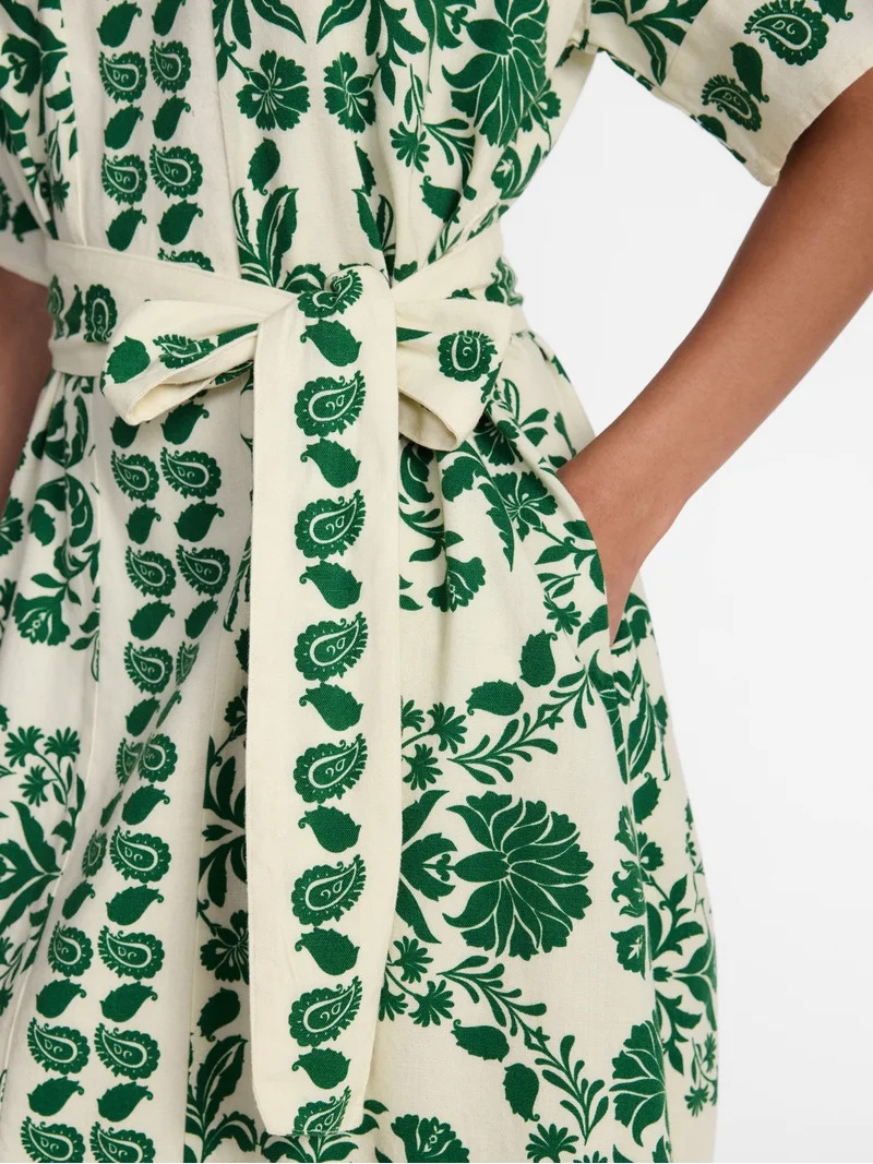 Time and Tru Women\u2019s Border Print Linen Blend Midi Dress, Sizes XS-XXXL | Walmart (US)