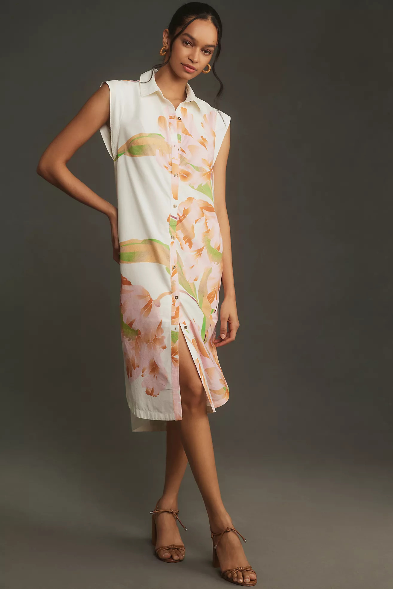 Maeve Cap-Sleeve Floral Button-Front Midi Dress | Anthropologie (US)