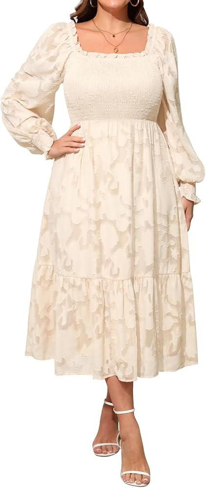 Women's Plus Size Fall Dress - Wedding Guest Long Sleeve Floral Lace Aline Flowy Midi Dress | Amazon (US)