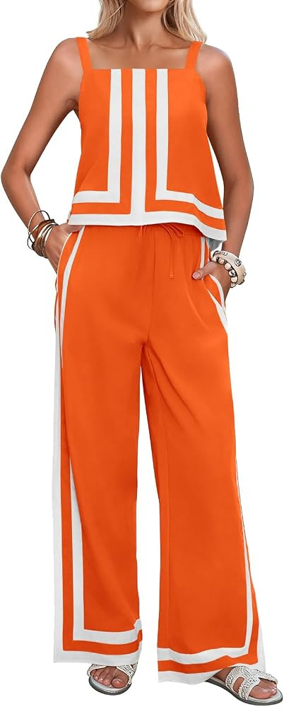 Tankaneo Womens 2 Piece Lounge Set Summer Casual Color Block Cami Top Wide Leg Pants Set Beach Va... | Amazon (US)
