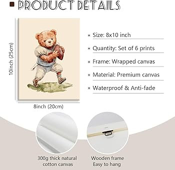 Olctedo Nursery Bear Wall Art Boy Sports Canvas Wall Decor Baby Nursery Prints Vintage Teddy Bear... | Amazon (US)