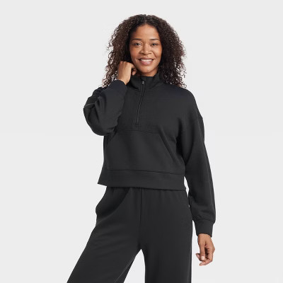 Women's Airy Sleek Ribbed 1/2 Zip Pullover Sweatshirt - All In Motion™ Black M | Target