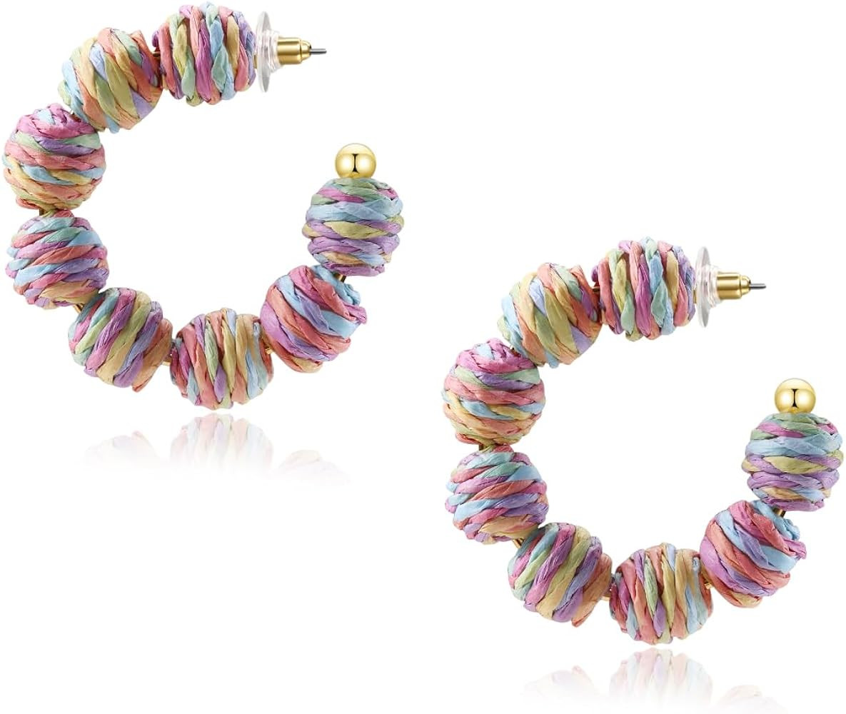 Rattan Earrings Summer Boho Raffia Ball Hoop Dangle Earrings for Women Girls Lightweight Straw Wi... | Amazon (US)