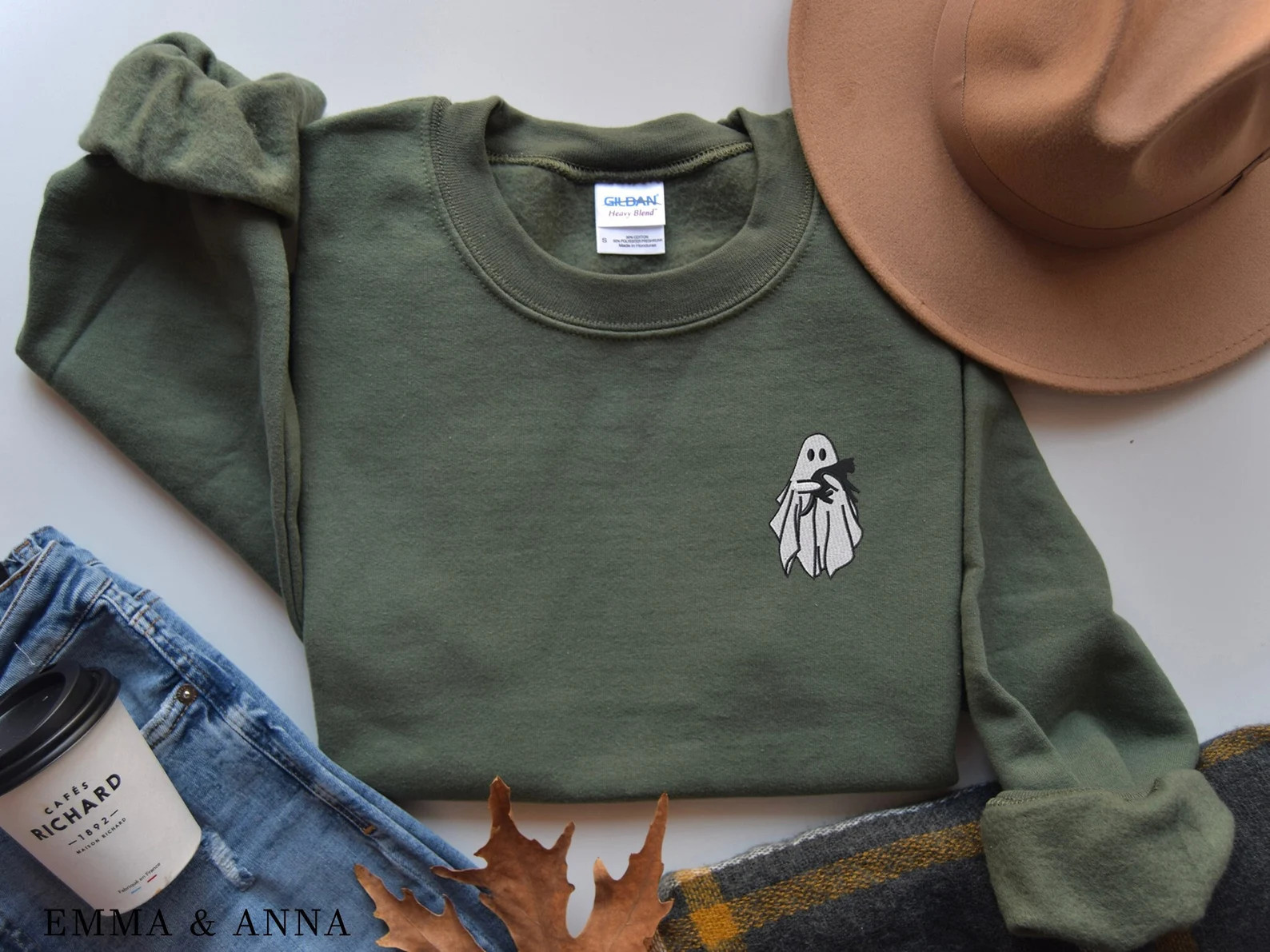 Embroidered Ghost Sweatshirt, Halloween Sweatshirt, Black Cat, Fall Sweatshirt for Women, Hallowe... | Etsy (US)