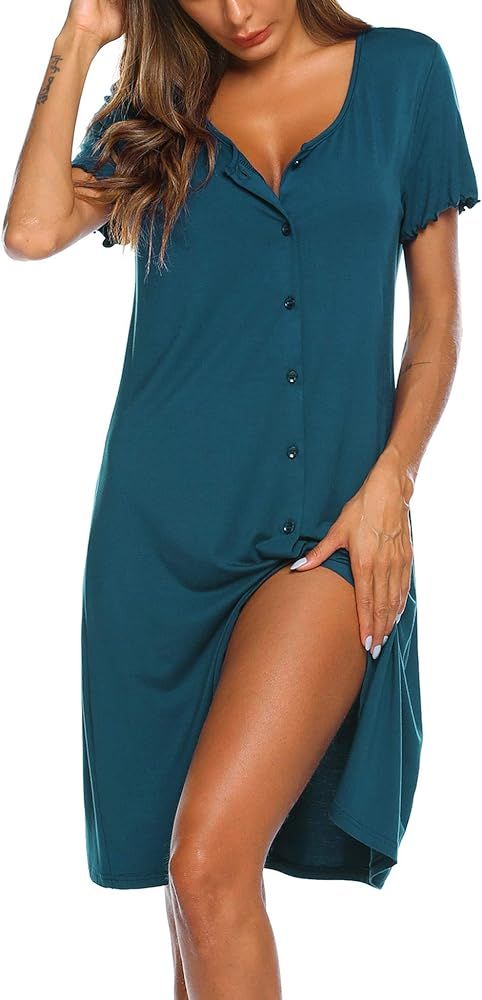 Ekouaer Women's Nightshirt Short Sleeve Button Down Nightgown V-Neck Sleepwear Pajama Dress | Amazon (US)