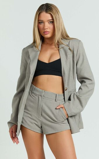 Angela Shorts - High Waist Micro Mini Shorts in Beige Check | Showpo (US, UK & Europe)
