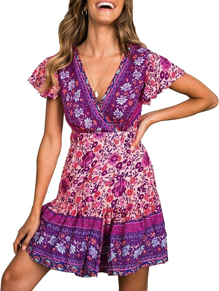 ZESICA Women’s Summer Wrap V Neck Bohemian Floral Print Ruffle Swing A Line Beach Mini Dress Gr... | Amazon (US)