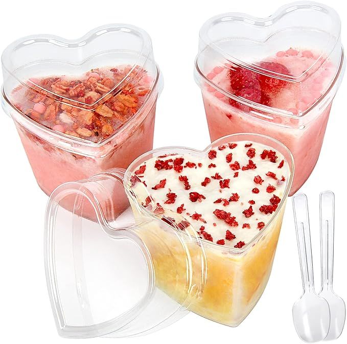 HawHawToys 60 Pack Dessert Cups with Lids and Spoons, 5 oz Heart Shaped Clear Plastic Appetizer P... | Amazon (US)